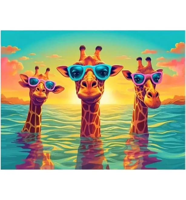 Diamond Art Painting Kit, DIY Full ROUND Drill Bead, 15.7" x 11.8" Canvas, FUN Giraffes w/ Glasses in Water, Animal Wildlife Home Wall Decor