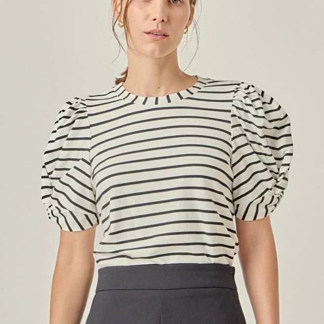 English Factory Women's Striped Puff Sleeve Stretch Cotton Top