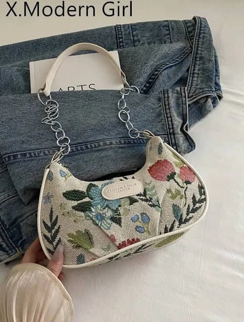 Women's Casual Minimalist Floral Print Baguette Shoulder Bag