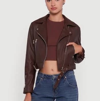 Womens Cropped Faux Leather Belted Front Moto Jacket, Brown, Size M - Rainbow Shops