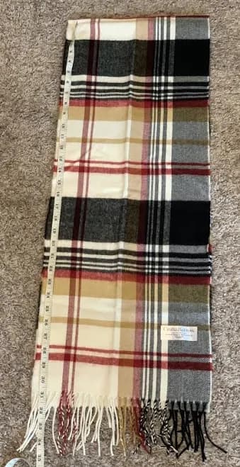 Croft & Barrow Beige Red Black Scarf Wrap 68” X 12” Plaid Fringe Soft