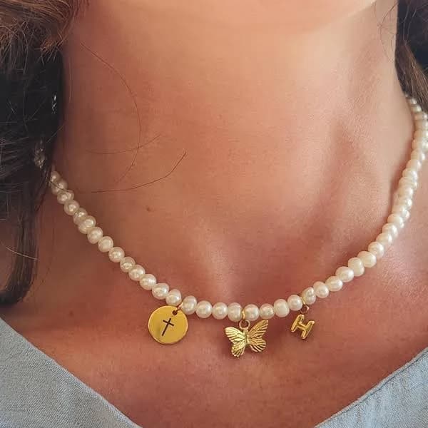 Pearl Engraved Gold Disc Necklace