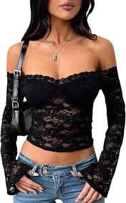 GORGLITTER Women Lace Tops Elegant Off Shoulder Halter Sheer Long Sleeve Slim Fit Party Tops, Black, M : Amazon.com.be: Fashion