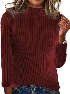 Womens Solid Color Ribbed Knit Sweater Loose Fit Mock Neck Lightweight Slim Fit Pullover Sweaters Casual Winter Fashion Fall Sweaters for Women Turtleneck Sweater Red XL