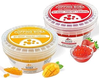 Strawberry + Mango Popping Boba, 1.2lbs (550g), Pack of 2, Bursting Fruit Flavor Pearls for Bubble Tea/Desserts/Drinks/Cocktail/Ice Cream/Cake Topping