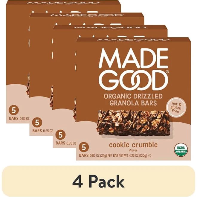 (4 pack) MadeGood Chocolate Drizzled Cookie Crumble Granola Bars, 5 Healthy Snack Bars, 0.85 oz Each