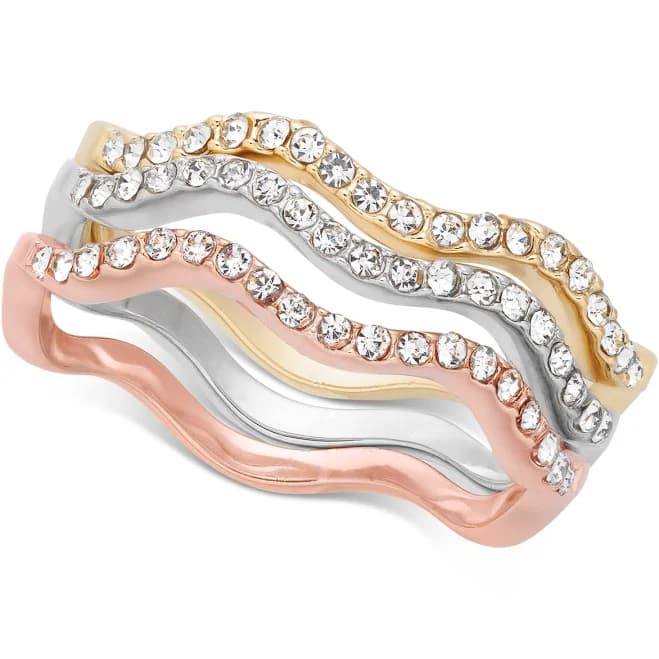 Charter Club Tri-Tone Silver Gold Plated 18K Rose Gold Plated 3-Pc. Set Pav Wavy Rings