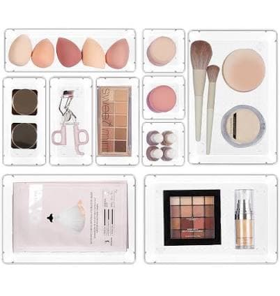 Amazon.com: Vtopmart 10 Pcs Makeup Drawer Organizer Bins Set, 4 Size Plastic Makeup and Vanity Organizer Trays, Clear Acrylic Vanity Storage Containers for Cosmetics, Toiletries, Jewelry, Gadgets, Office Supply : Home & Kitchen