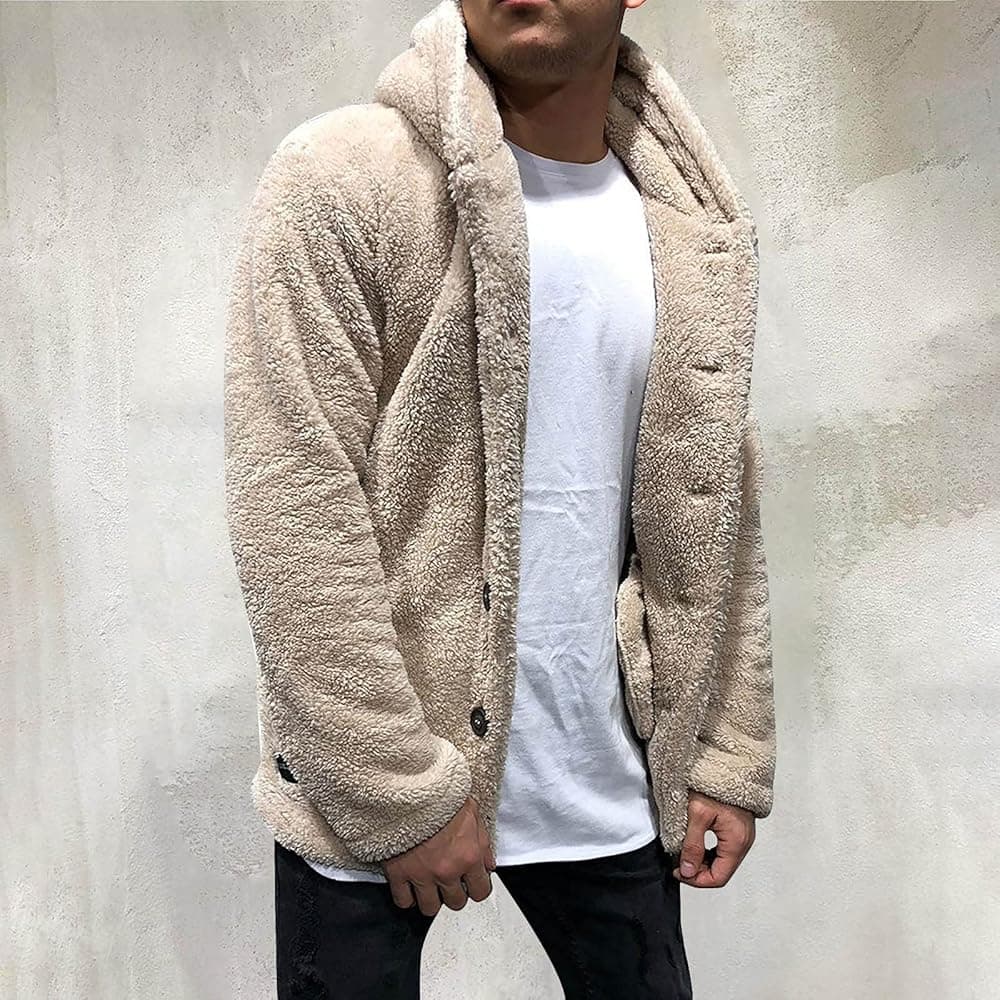 WENKOMG1 Mens Fluffy Fuzzy Jacket,Plush Fleece Casual Winter Fall Button Up Cardigan Coat Soft Sherpa Outerwear,Autumn Mens Fashion Round Fan Trucker Hoodies For Men(Beige,Small) at Amazon Men's Clothing store