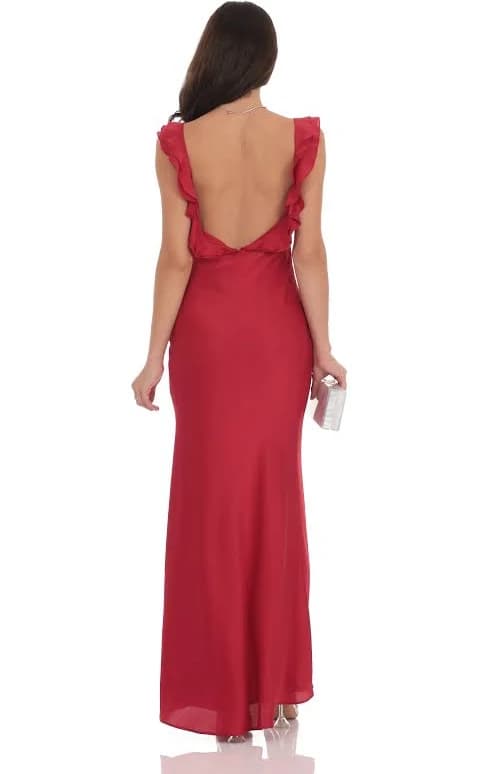 Satin Ruffle Open Maxi Dress