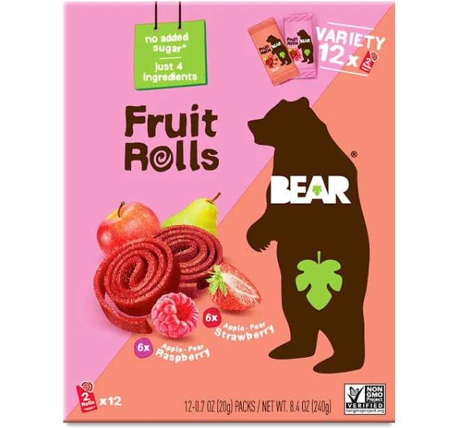 Bear Fruit Rolls Variety Pack, Raspberry & Strawberry 12 Count (0.7 Oz Each)