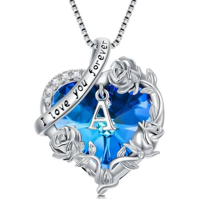 Sterling Silver Blue Heart Crystal Initial Pendant Necklace