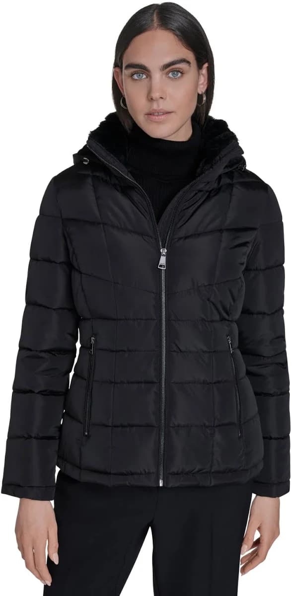 Calvin Klein Women's Stand Collar Lined Faux Fur Puffer Jacket