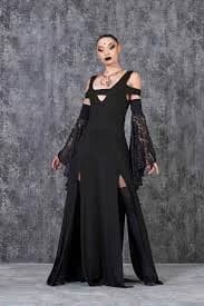 Black Lace Goth Maxi Dress, Cold Shoulder Sleeves, Halloween Costume