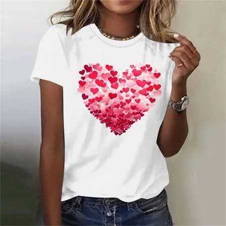 Ugoldhm Women Shirts Crewneck Red Heart Print Valentines Gift Tee Tops Women Tops