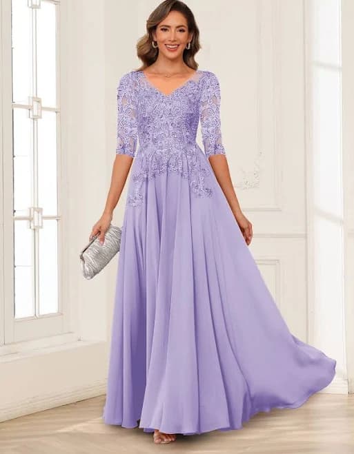 Lavetir Line/Princess V-Neck Long Sleeves Chiffon Mother of the Bride Dresses with Applique 2026