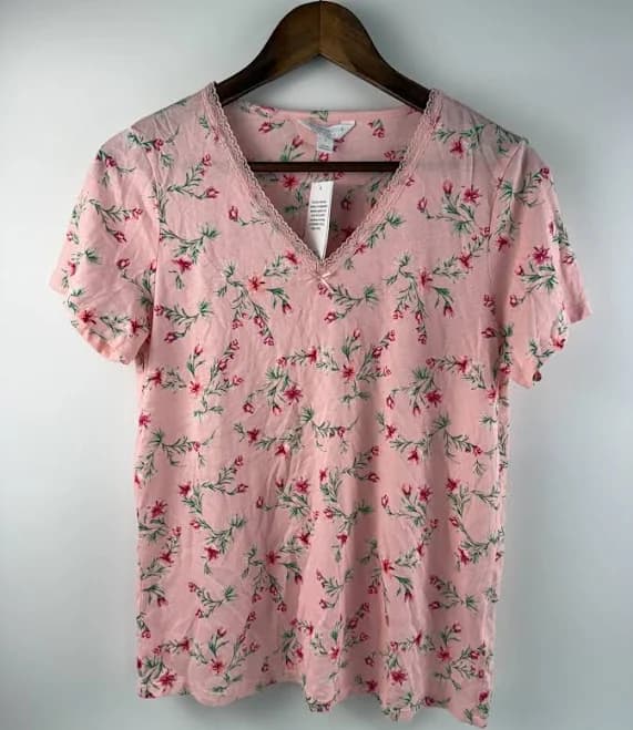 Charter Club Cotton Short Sleeve V Neck Floral Sleep Shirt Pink Size S