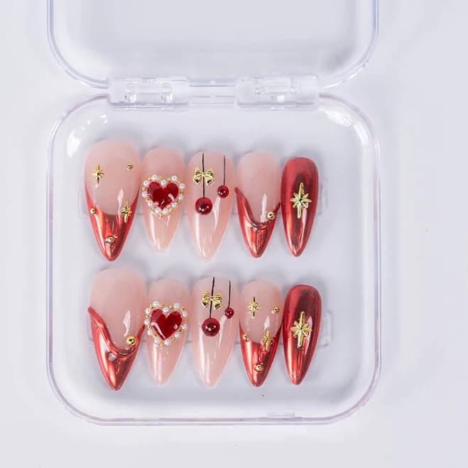 Handmade Stiletto Nails Red Pink Heart Star 3d Shiny Fake Nails For