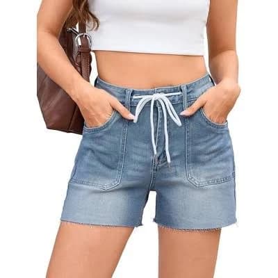 Women's High-Waisted Pull-On Drawstring Denim Shorts