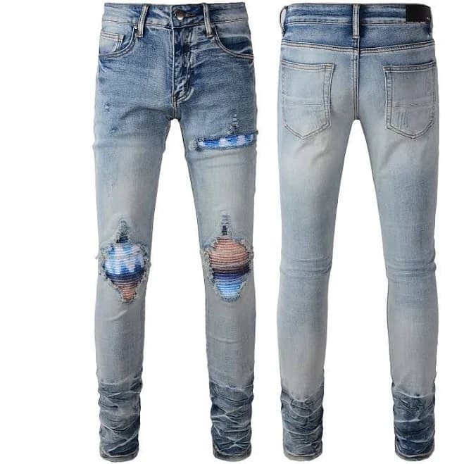 Men Punk Ripped Colourful Patches Jeans, Youth Slim Fit High Quality