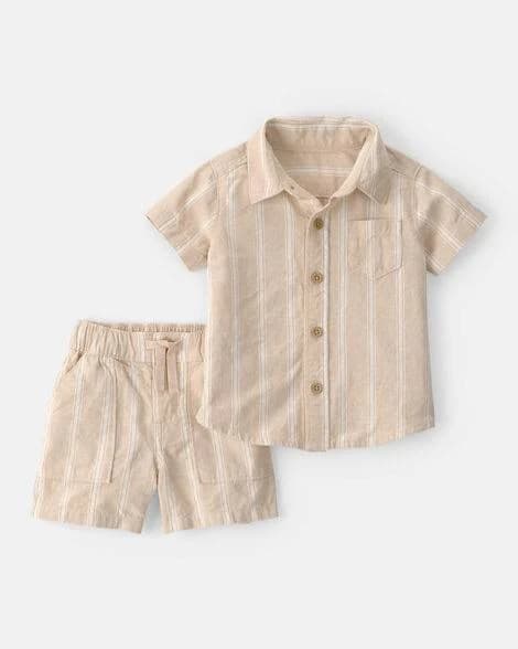Carter's baby boy 2-piece stripe collared shirt & short set 12M Khaki