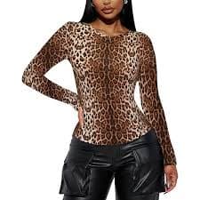 SHENHE Women's Sexy Leopard Lace Open Front Crop Top Tie Front Slim Fitted Long Sleeve T Shirt Khaki X-Small at Amazon Women's Clothing store