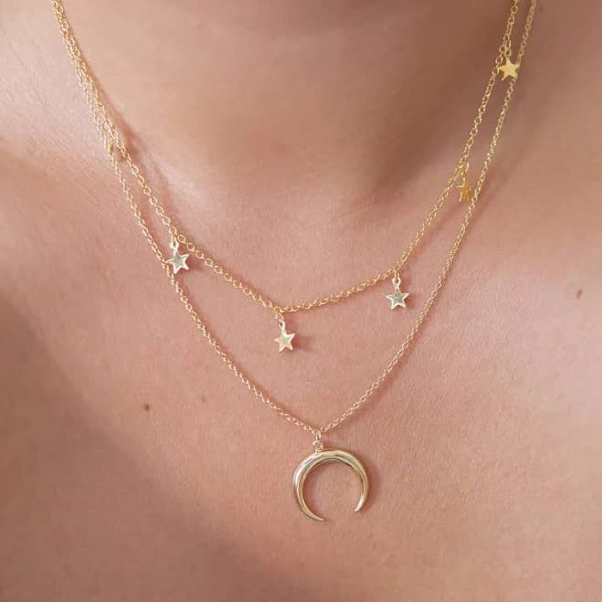 Women's Gold Crescent Moon Star Necklace