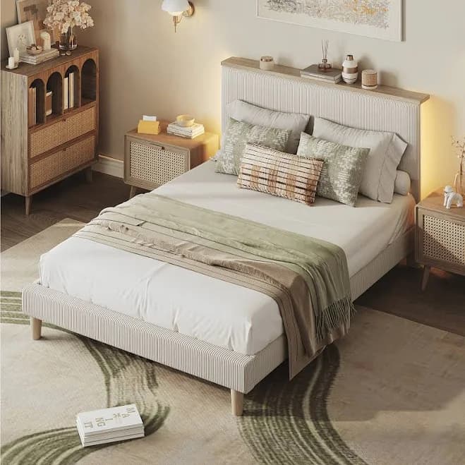 Bestier Bed Frame Upholstered Platform Bed with LED Light & Adjustable Storage Headboard