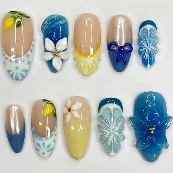 Handmade Blue Yellow Lemon Floral 3D Summer Garden Press On Nails