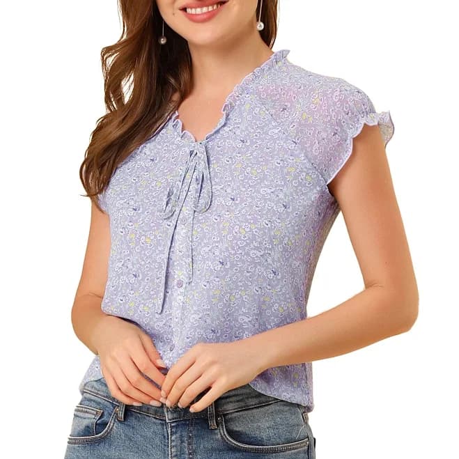 Daring Diva Women's Ruffle V Neck Cap Sleeve Chiffon Blouse