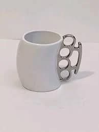 Knockout Fred 2009 White Curved Coffee Mug Cup Brass Knuckle Shaped Handle 4"