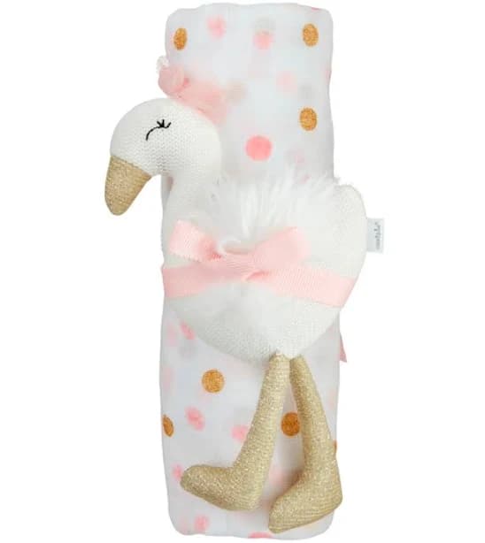 Pink & Gold Dot Swaddle & Goose Rattle Set