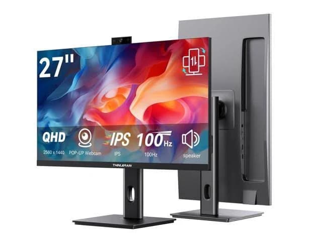 Thinlerain 27 Inch Monitor with Pop-Up Webcam - 2K 2560 x 1440 IPS Computer Monitor, 100Hz Vertical Gaming PC Screen, Built-in 3MP Webcam & Microphone