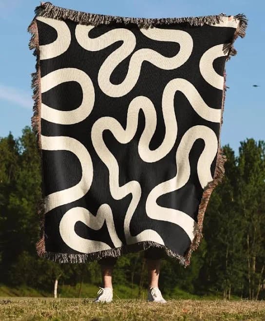 Black Abstract Swirl Jacquard Woven Blanket - Modern Minimalist Line Art Throw Blanket For Couch, Bed, Wall Hanging Or Boho Home Decor