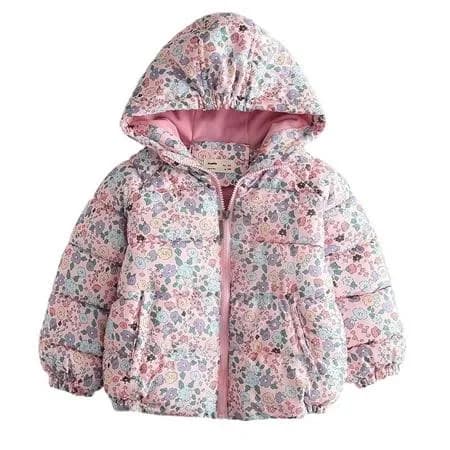 akoee Winter Jackets for Toddler Kids Floral Printed Full Zip Up Hoodie Puffer Coat Heavy Warm Girls Quilted Windbreaker