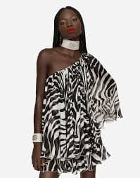 Short one-shoulder chiffon dress with zebra print in Animal Print for Women | Dolce&Gabbana® US
