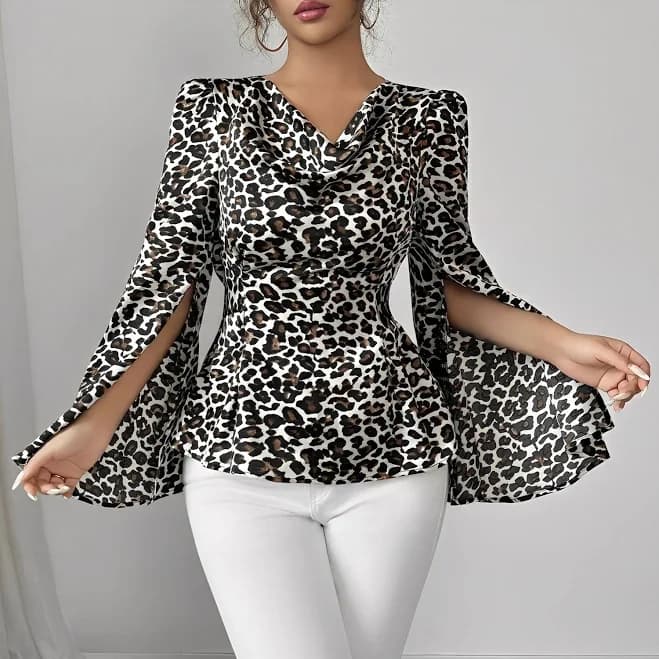 Cowl Neck Long Sleeve Leopard Print Blouse