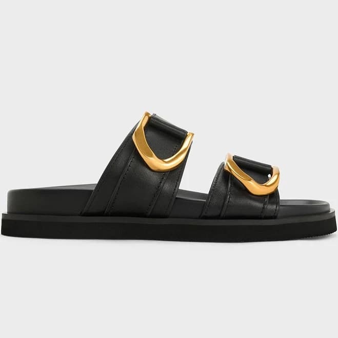 Charles & Keith Gabine Gold-Buckle Leather Slides