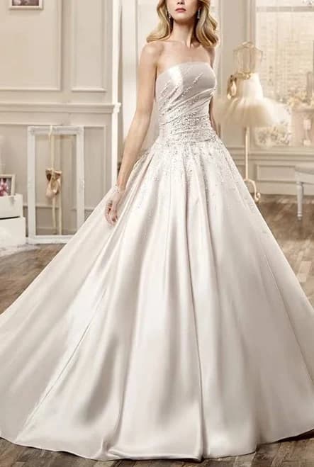 Dorris Wedding Strapless Satin Wedding Dress with Beading Embellishment and Chapel Train