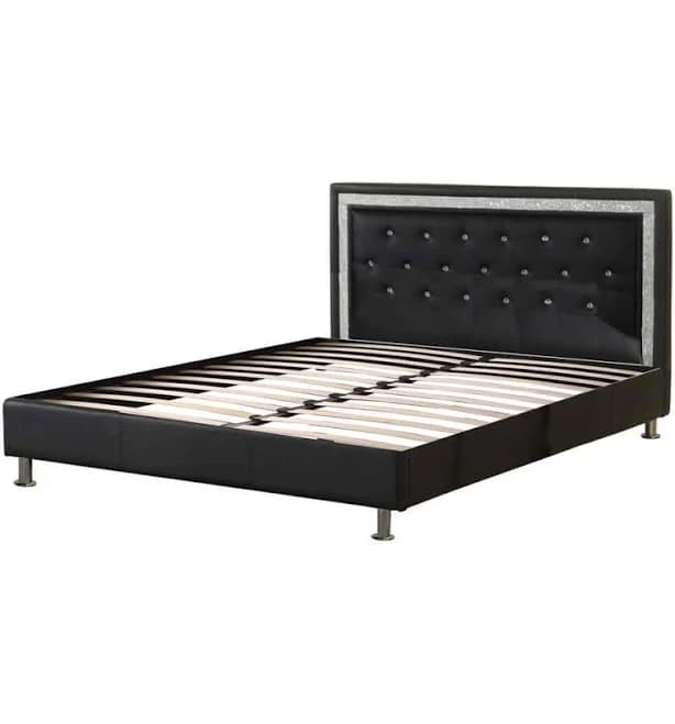 Best Master Faux Leather Queen Platform Bed with Crystal Tufted Buttons