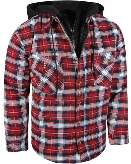 Plaid Flannel Hoodie Jacket Full Quilted Mens Shirt Zip-up Chest