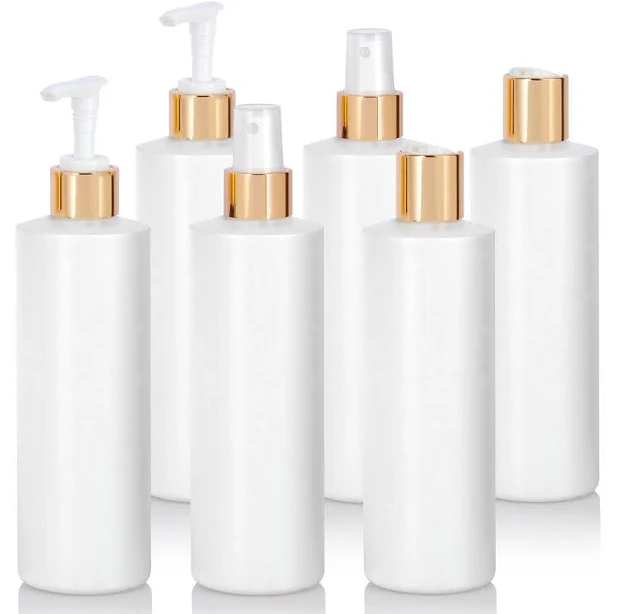 8 oz White Plastic Professional Cylinder Bottle with Gold Disc Cap, Gold Lotion Pump, Gold Fine Mist Sprayer
