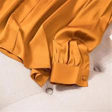 Amazon.com: Office Lady Silk Elastic Shirt V-Neck Long Sleeve Golden Blouse for Women Golden Yellow L : 服裝，鞋子和珠寶
