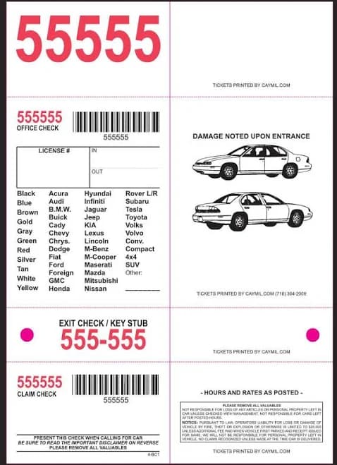 4- Part Valet Barcoded Parking Ticket