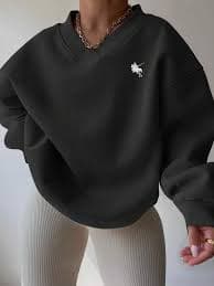 EMERY ROSE Plus Size Embroidered V-Neck Black Casual Long Sleeve Pullover Sweatshirt | SHEIN Singapore