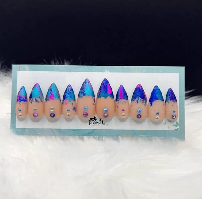 Blue & Purple Chrome Press On Nails - Rhinestones | Handmade Nail Set