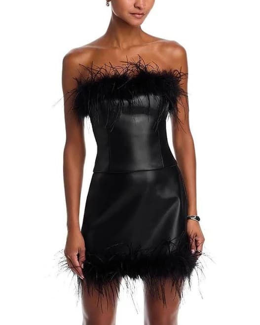 AQUA Women's Feather Trim Faux Leather Top