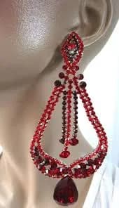 WOW! 5.5" Glass Teardrop Ravishing Red Rhinestone Clip Earrings