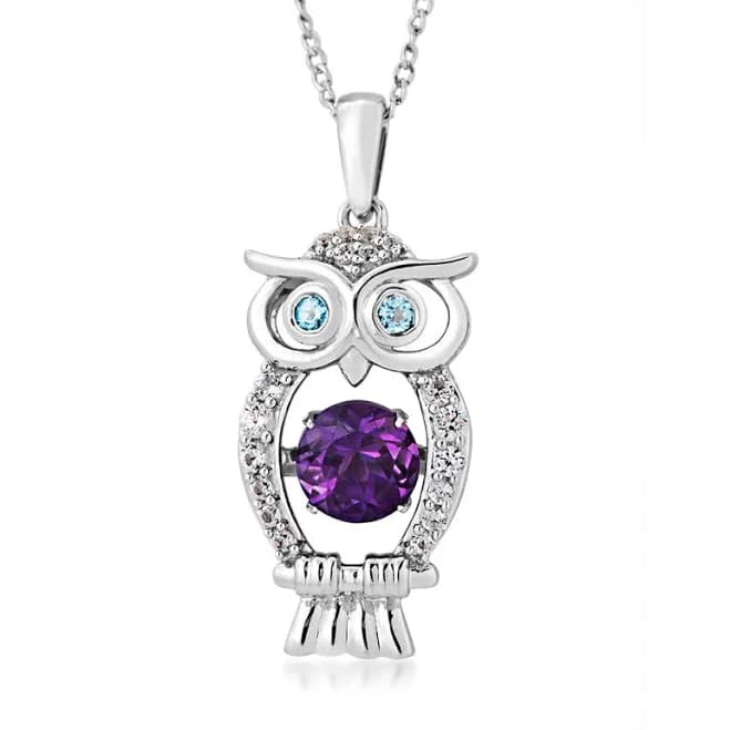 Sterling Silver Owl Pendant with Twinkling Amethyst, Blue Topaz, and White Sapphire