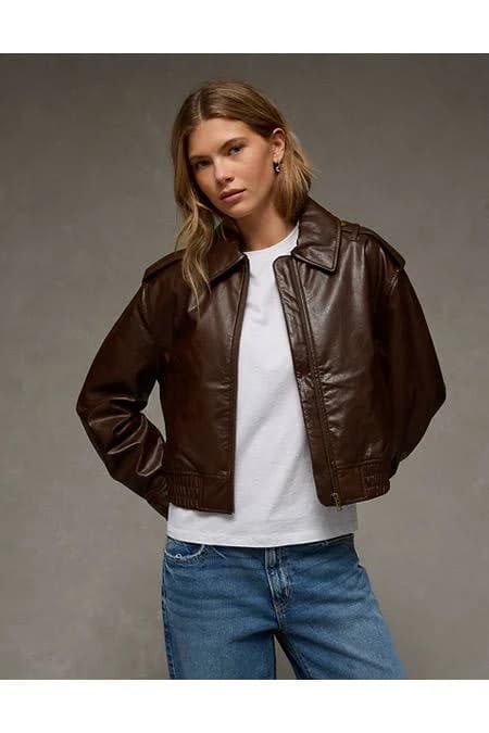 AE Women's Cropped Faux Leather Bomber Jacket
